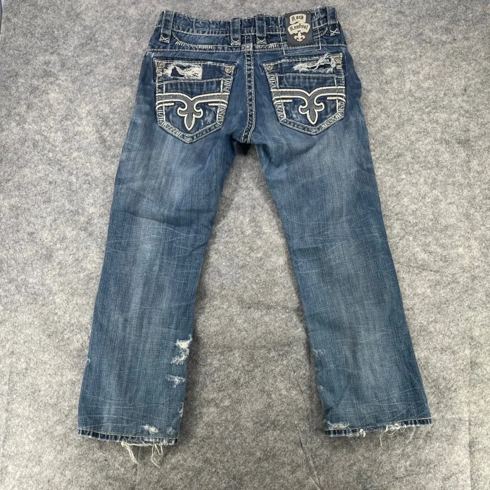Rock Revival Helicon Jean Men 32x28 Blue Distressed Embroidered Straight Grunge